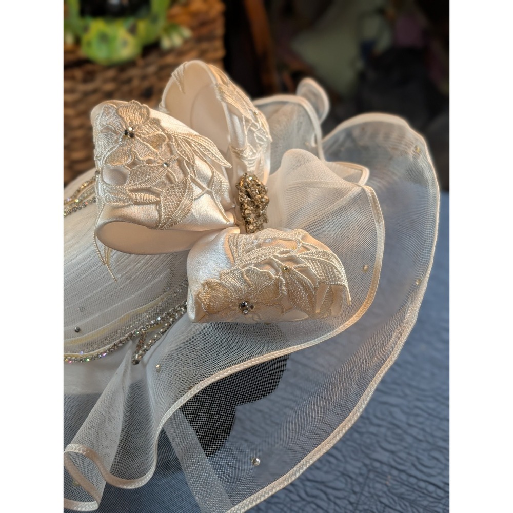 Ivory Organza Wide Brim Statement Derby Church Hat • Lace & Jeweled Bow